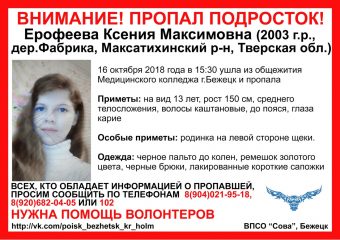 В Тверской области пропала несовершеннолетняя девочка