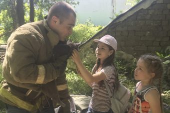 Тверские пожарные помогли снять с дерева испуганного котенка