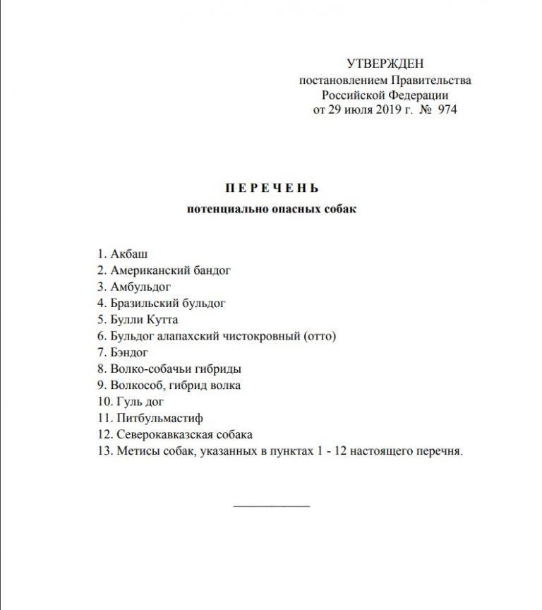 2019 974. Перечень потенциально опасных собак.