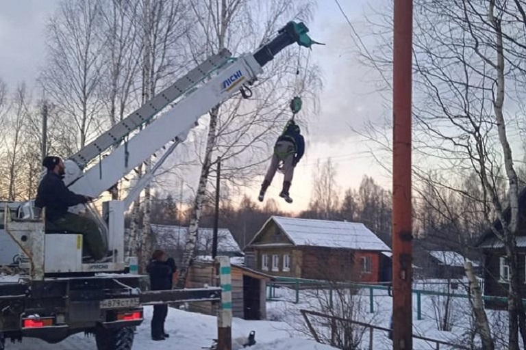 В Тверской области рабочих подвешивают для опилки деревьев