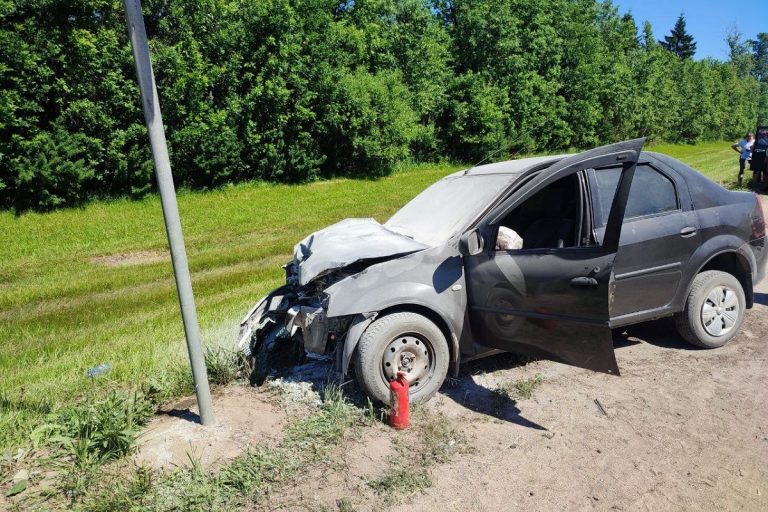 Renault Logan снес мачту освещения на М-10 в Тверской области