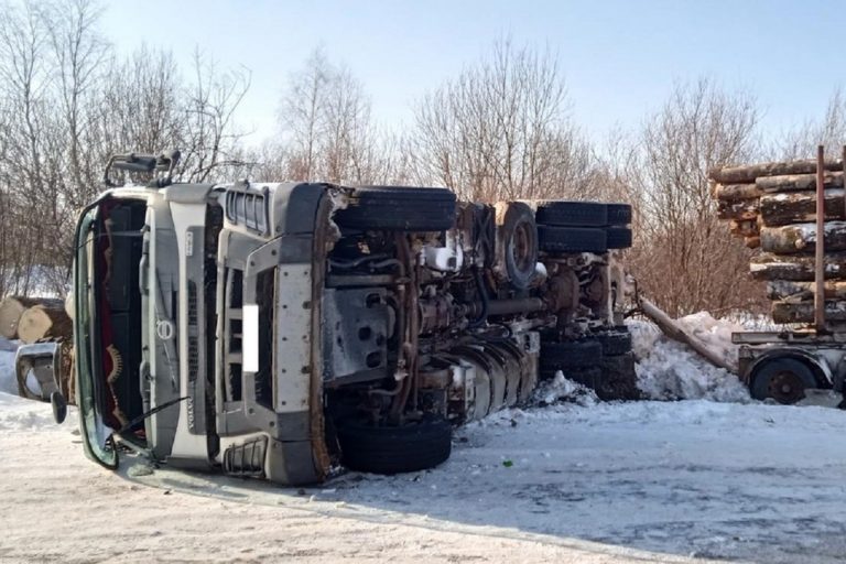 Груженый лесовоз опрокинулся в Тверской области