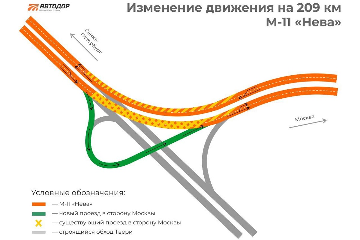 На трассе М-11 в Тверской области меняют схему движения и снижают скоростной порог до 40-50 км/ч