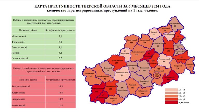 Названы самые криминальные и спокойные районы Тверской области за полугодие