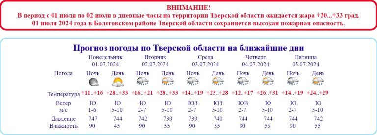 Гидрометцетр России объявил погоду в Тверской области потенциально опасной