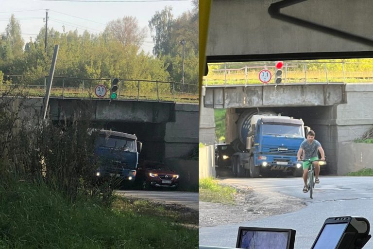 В Тверской области бетономешалка застряла под виадуком