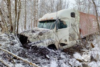 Многотонный контейнеровоз унесло с трассы в Тверской области в болото