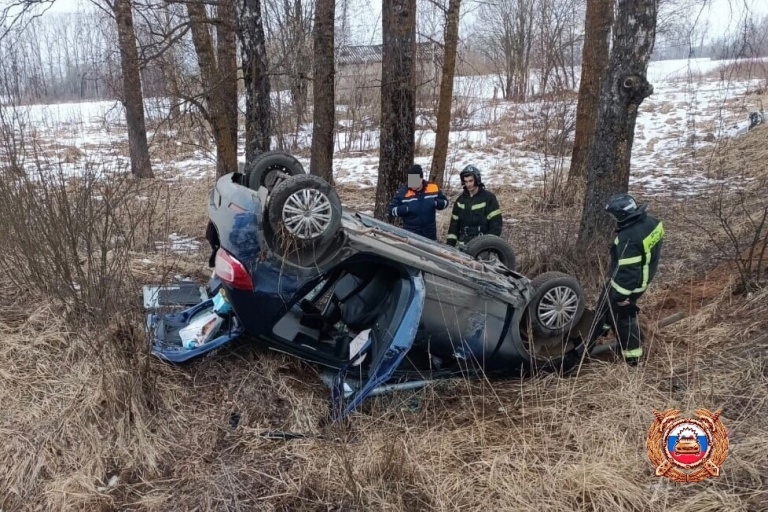 В Тверской области автомобиль протаранил знак и вылетел в кювет