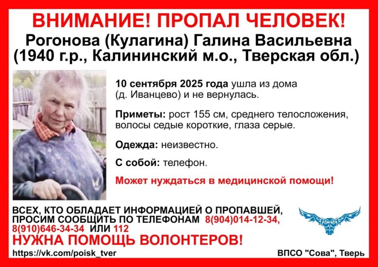 Волонтеры просят помощи в розыске пропавшей в Тверской области 85-летней женщины