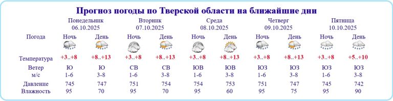 Тверскую область накроют дожди, но обойдется без морозов
